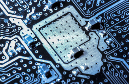 Panoramic close up of a computer micro chip