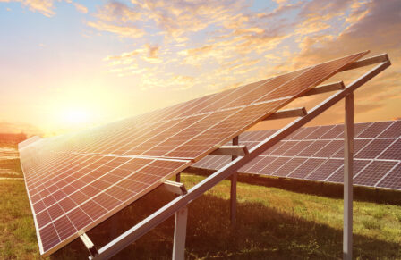 Solar,Panels,In,The,Rays,Of,Sunrise.,Concept,Of,Sustainable