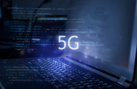 5g,Inscription,Against,Laptop,And,Code,Background.,Technology,Concept.