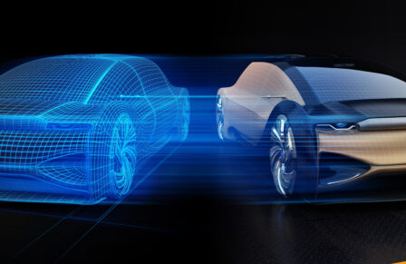Autonomous,Electric,Car,And,Wireframe,Rendering,Of,The,Car,Body