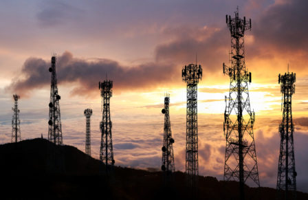 Antenna,Telephone,And,Communication,Towers,Have,A,Sunset,Background.,Can