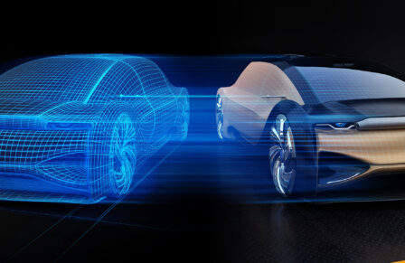 Autonomous,Electric,Car,And,Wireframe,Rendering,Of,The,Car,Body