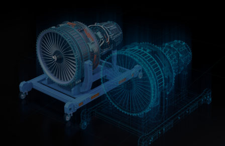 Wireframe,Rendering,Of,Turbojet,Engine,And,Mirrored,Physical,Body,On