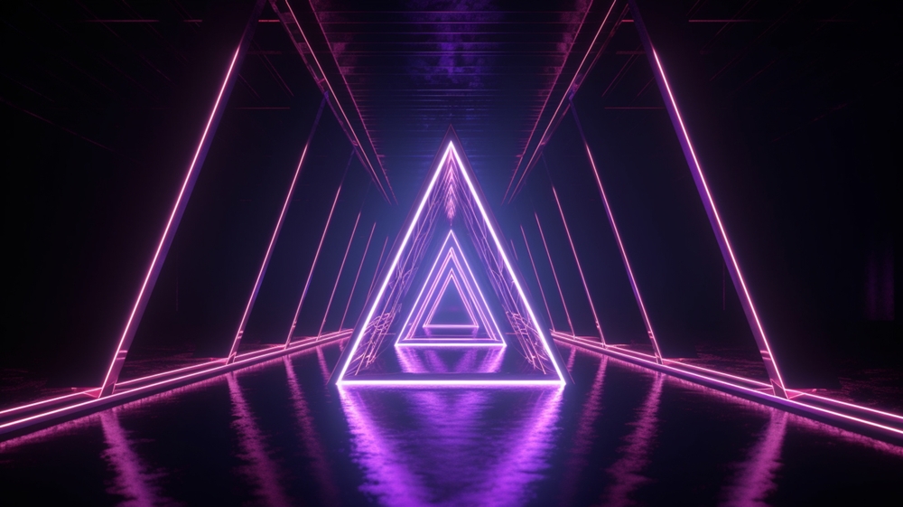 Neon,Light,Triangle,,Virtual,Reality,,Triangular,Esoteric,Portal,,Endless,Tunnel