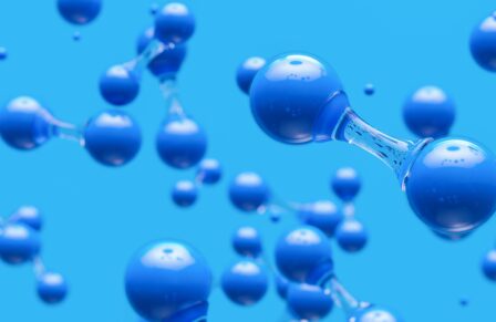 Hydrogen shown in a scientific way over a blue background