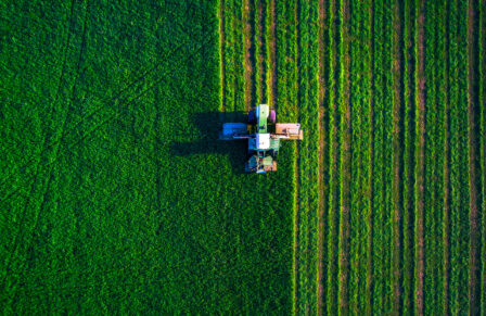 Tractor,Mowing,Green,Field,,Aerial,View