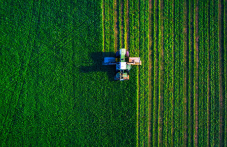 Tractor,Mowing,Green,Field,,Aerial,View