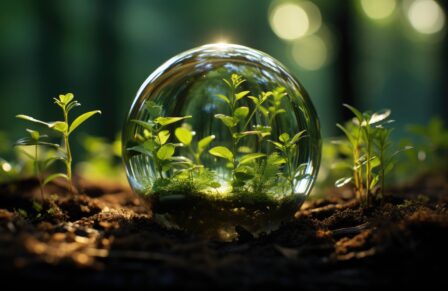 Glass globe encircled by verdant forest flora, symbolizing nature, environment, sustainability, ESG, and climate change awareness, generative ai