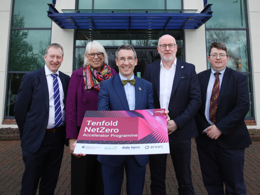 Tenfold Press Photo Neville Graham, Head of Farmer Services, Dale Farm; Sue McGuire, Senior Strategic Partnership Manager, Digital Catapult; Andrew Muir MLA, DAERA Minister; Fiacre O’Donnell, Sustainability Director, Encirc; Jason Rankin, General Manager, AgriSearch