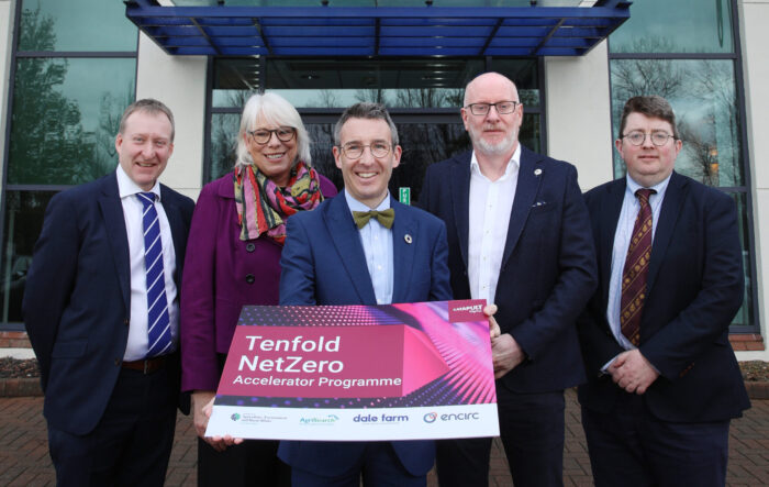 Tenfold Press Photo Neville Graham, Head of Farmer Services, Dale Farm; Sue McGuire, Senior Strategic Partnership Manager, Digital Catapult; Andrew Muir MLA, DAERA Minister; Fiacre O’Donnell, Sustainability Director, Encirc; Jason Rankin, General Manager, AgriSearch