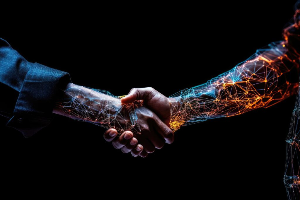 AI, Machine learning, Hands of robot and human touching on big data network connection background,