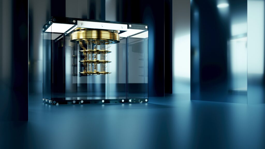 Quantum,Computer,In,An,Abstract,Blue,Room,3d,Render