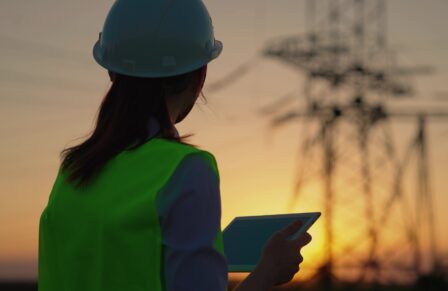 Woman,Engineer,,Power,Engineer,In,Helmet,Checks,Power,Line,Using