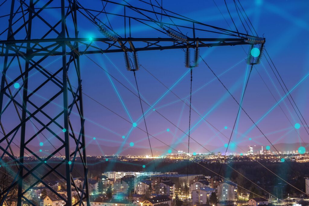 High power electricity poles in urban area connected to smart gr