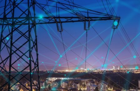 High power electricity poles in urban area connected to smart gr