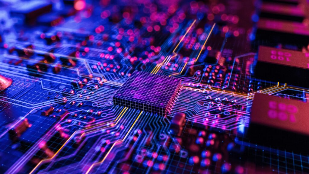 Neon,Theme,Visualization,Of,Circuit,Board,Cpu,Processor,Starting,Digitalization