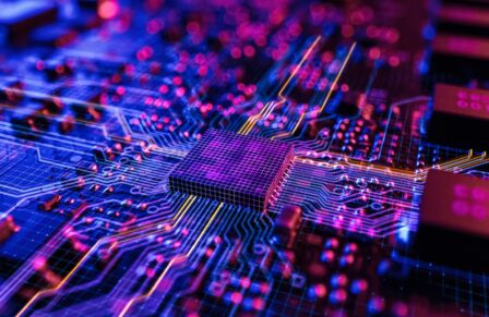 Neon,Theme,Visualization,Of,Circuit,Board,Cpu,Processor,Starting,Digitalization