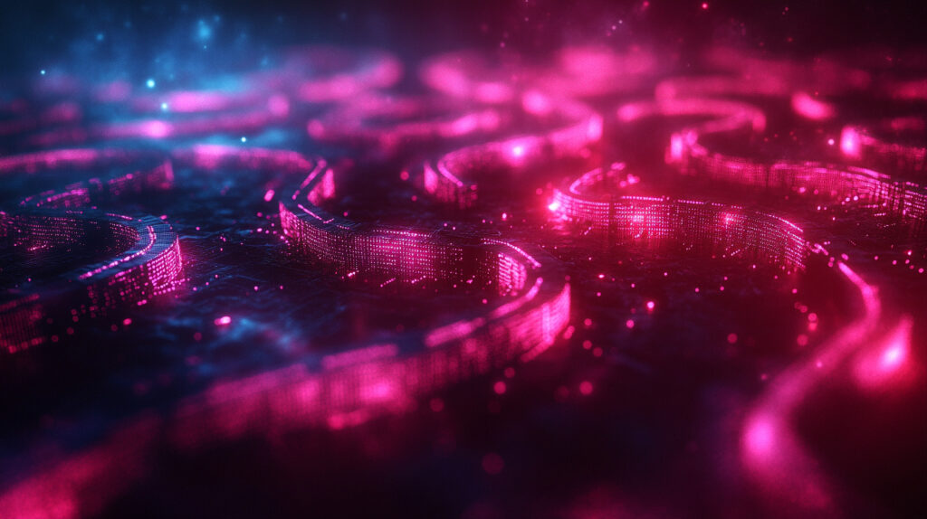 An abstract digital maze pattern symbolizing an ethical dilemma, with interconnected circuit elements in a deep blue tech aesthetic, reflecting modern challenges and decision-making complexities