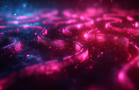 An abstract digital maze pattern symbolizing an ethical dilemma, with interconnected circuit elements in a deep blue tech aesthetic, reflecting modern challenges and decision-making complexities