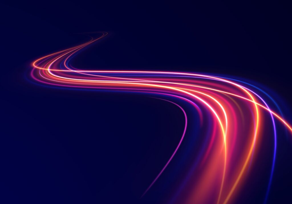 Neon,Ruby,Acceleration,Beams,Converge,Toward,Horizon.,Dynamic,Light,Trails